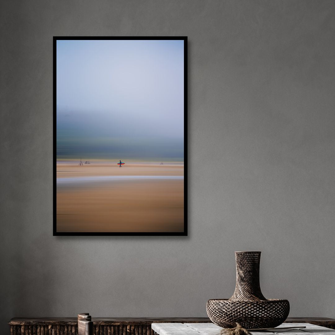 Abstract Coastal Surfing Oil Painting with Vibrant Red and Blue Tones
