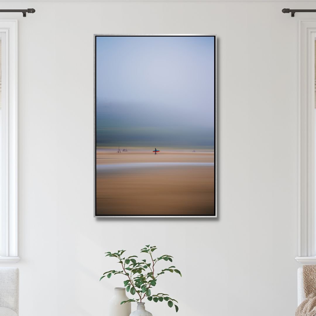 Abstract Coastal Surfing Oil Painting with Vibrant Red and Blue Tones