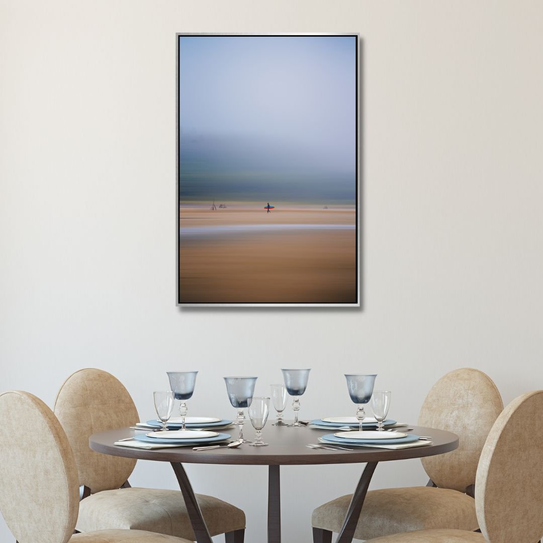 Abstract Coastal Surfing Oil Painting with Vibrant Red and Blue Tones