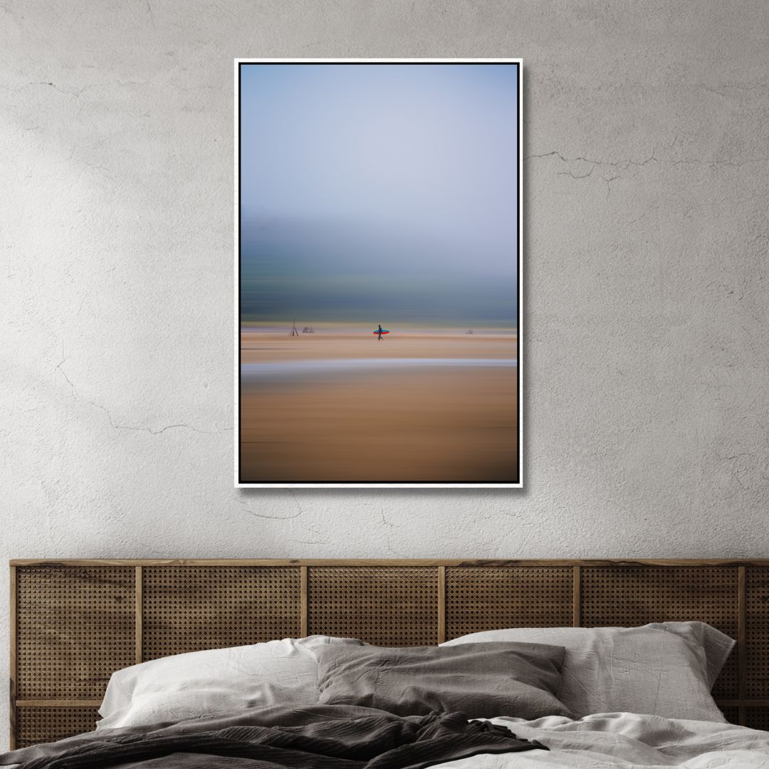 Abstract Coastal Surfing Oil Painting with Vibrant Red and Blue Tones