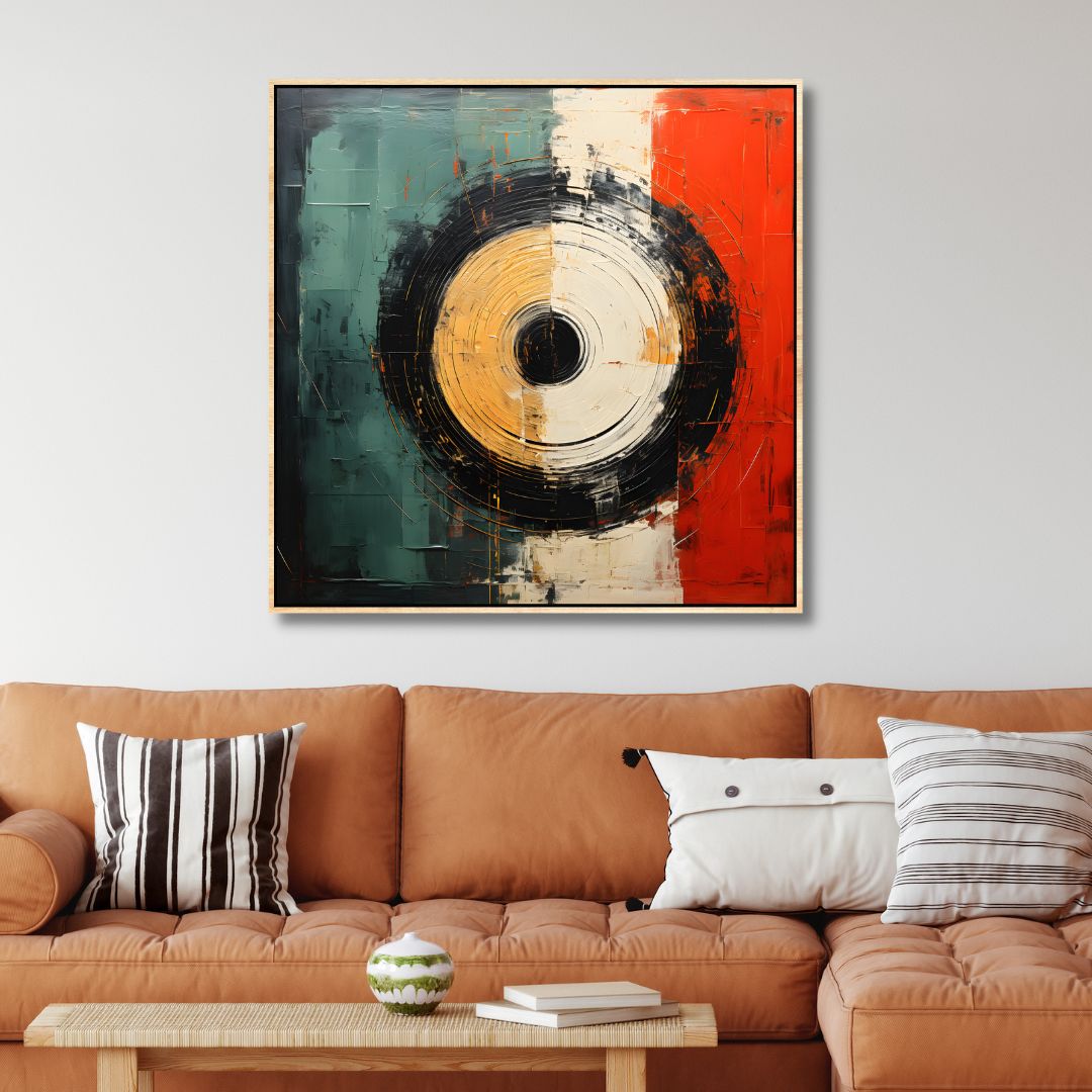 Geometric Abstract Oil Painting in Red, Green, and Yellow for Modern Home Decor