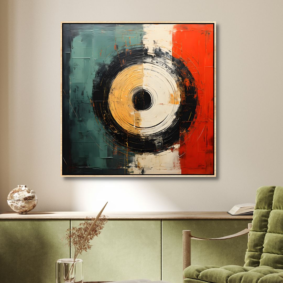 Geometric Abstract Oil Painting in Red, Green, and Yellow for Modern Home Decor