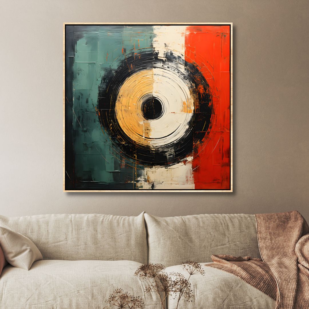 Geometric Abstract Oil Painting in Red, Green, and Yellow for Modern Home Decor