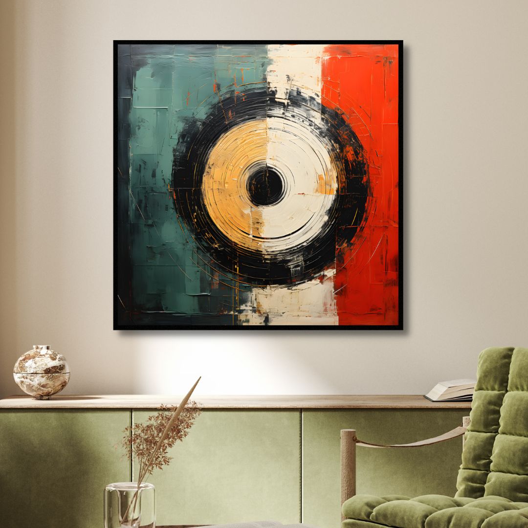 Geometric Abstract Oil Painting in Red, Green, and Yellow for Modern Home Decor