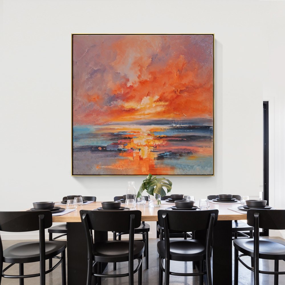 Stunning Ocean Sunset with Red Moon: Vivid Oil Painting for Home Decor