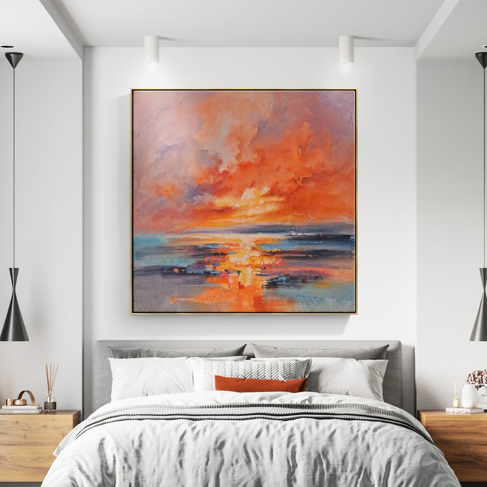 Stunning Ocean Sunset with Red Moon: Vivid Oil Painting for Home Decor