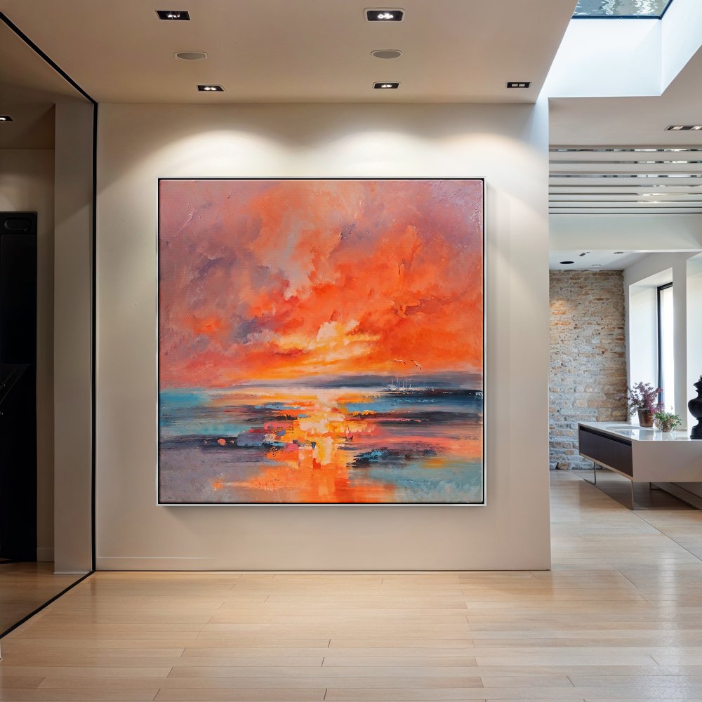 Stunning Ocean Sunset with Red Moon: Vivid Oil Painting for Home Decor