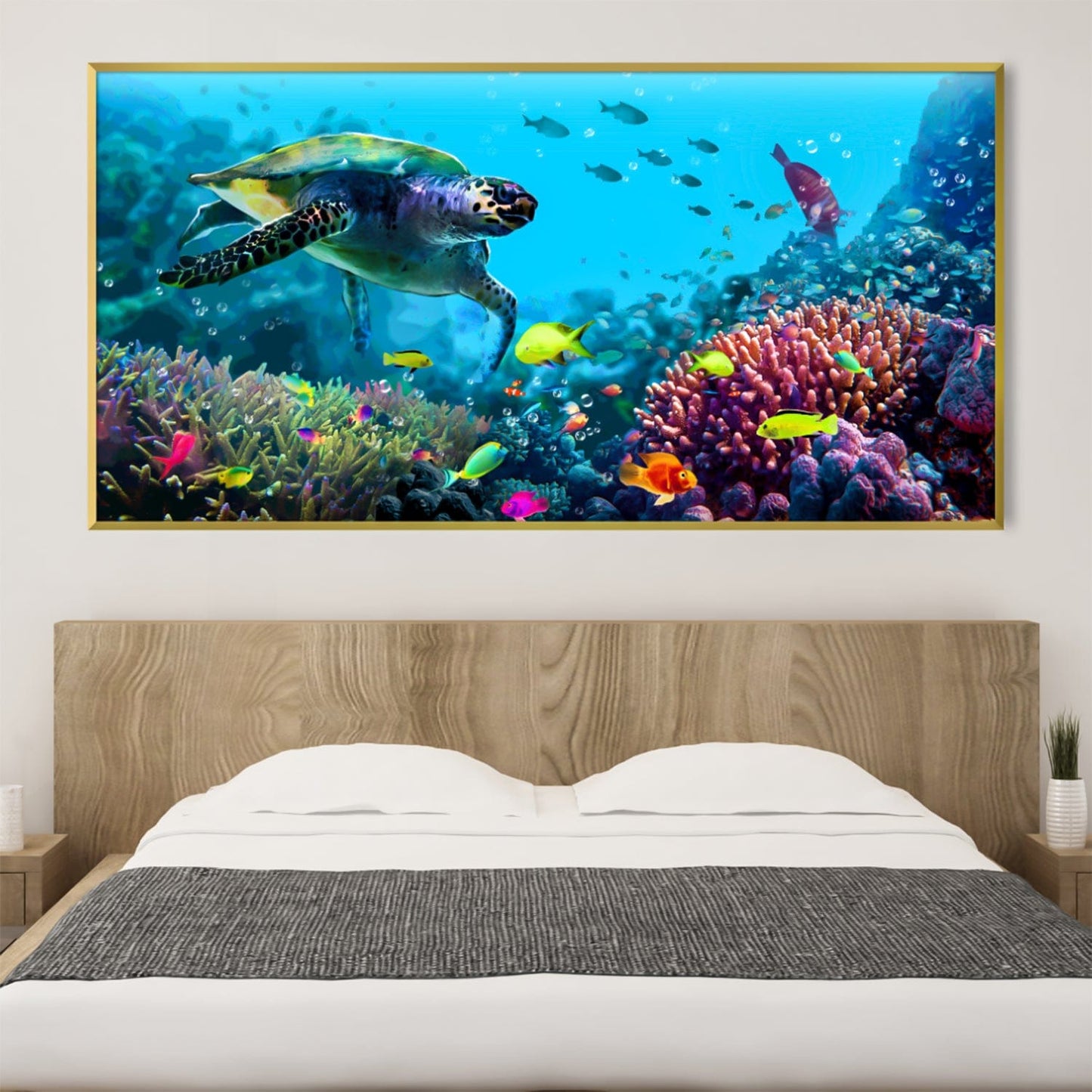 Vibrant Coral Reef Scene with Sea Turtle and Colorful Fish in Ocean Depths