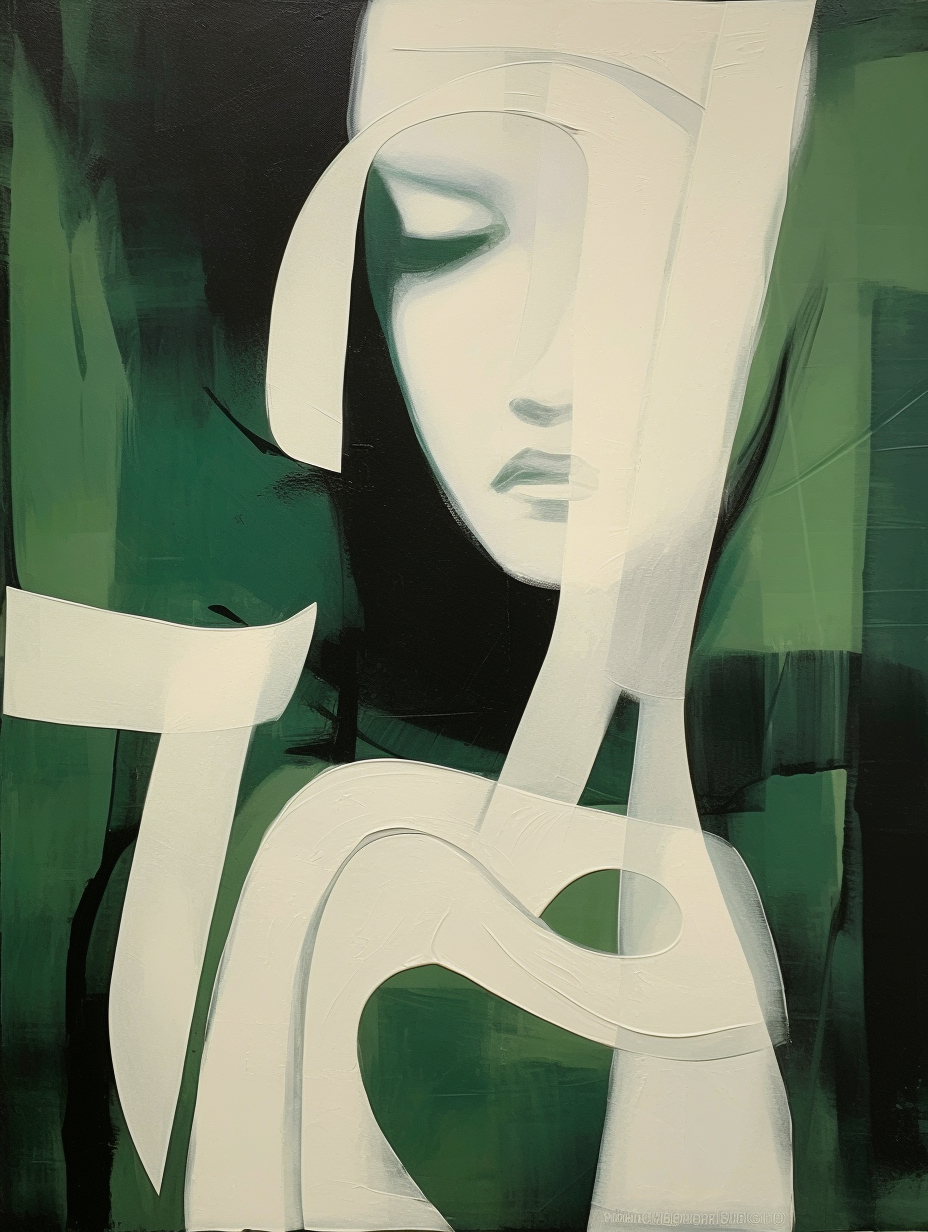 Serene Green Minimalist Oil Painting of Abstract Feminine Form