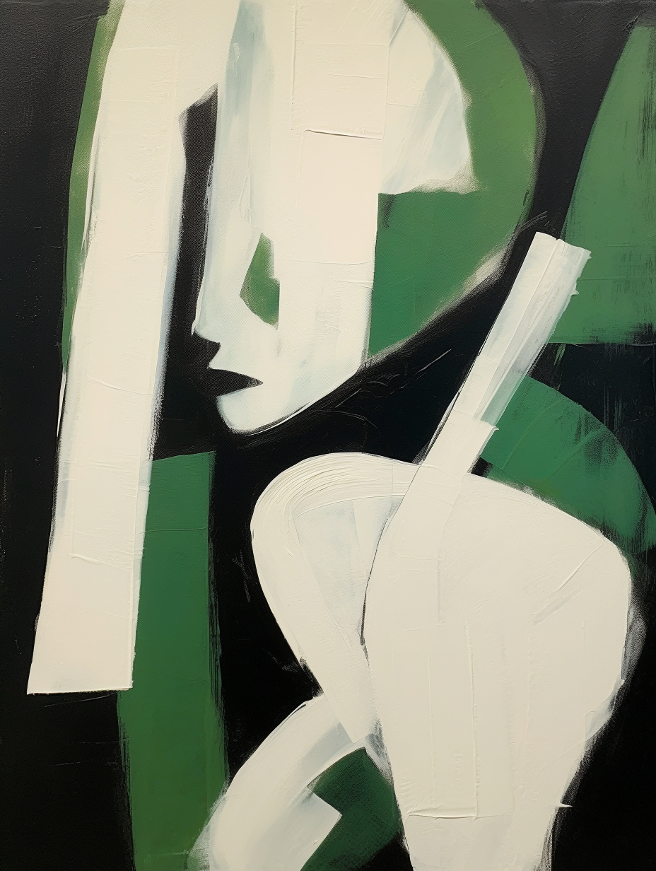 Abstract Green and White Figure – Modern Minimalist Oil Painting for Contemporary Home Decor