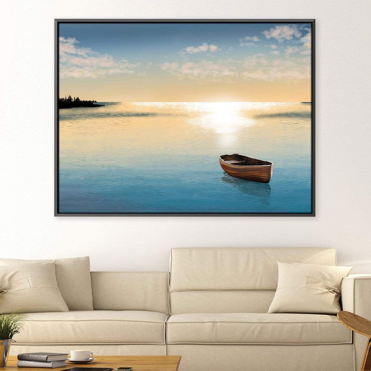 Serene Waterscape with Rowboat and Reflection in Oil Painting
