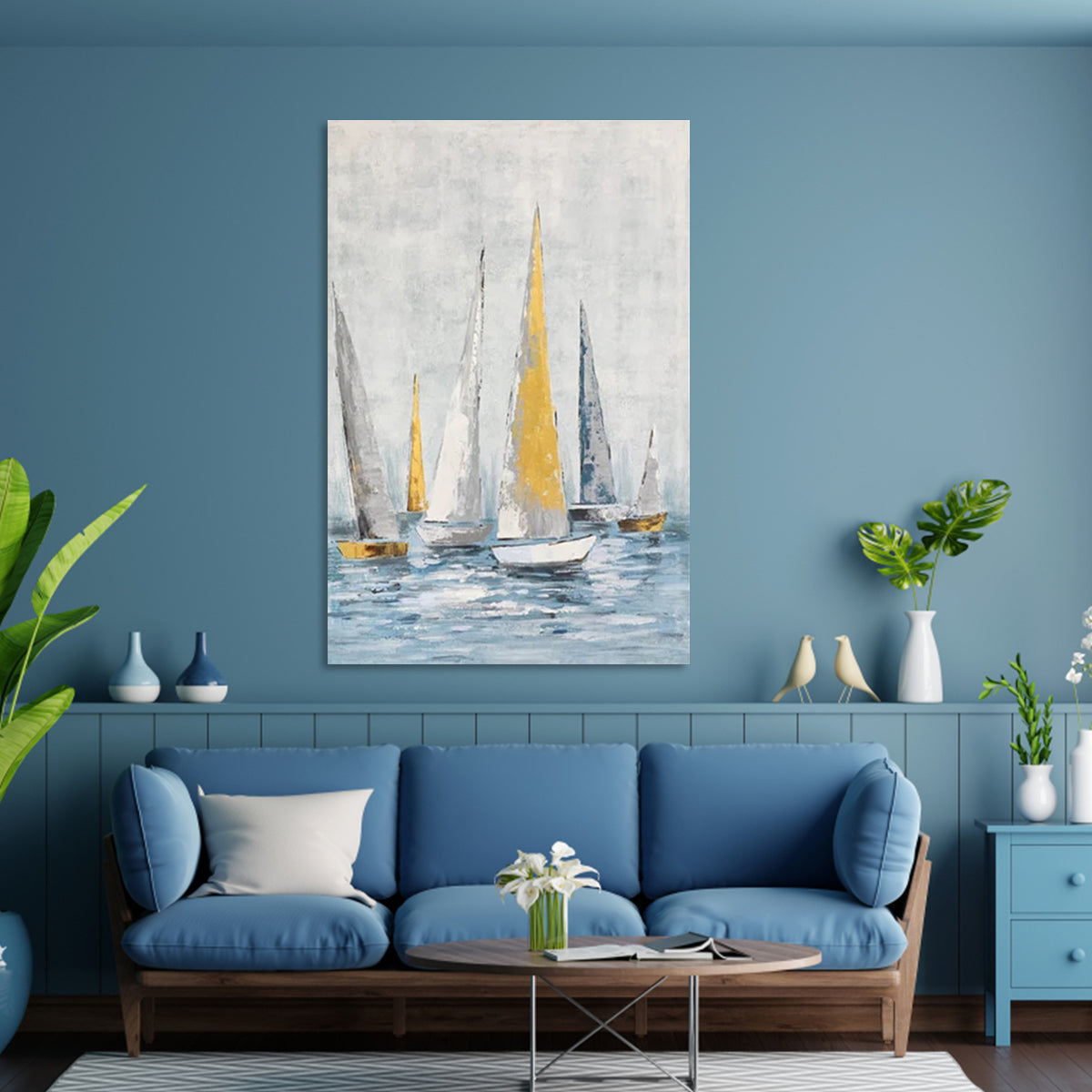 Serene Regatta Oil Painting - Bright Sailing Boats on Tranquil Waters Wall Art Decor