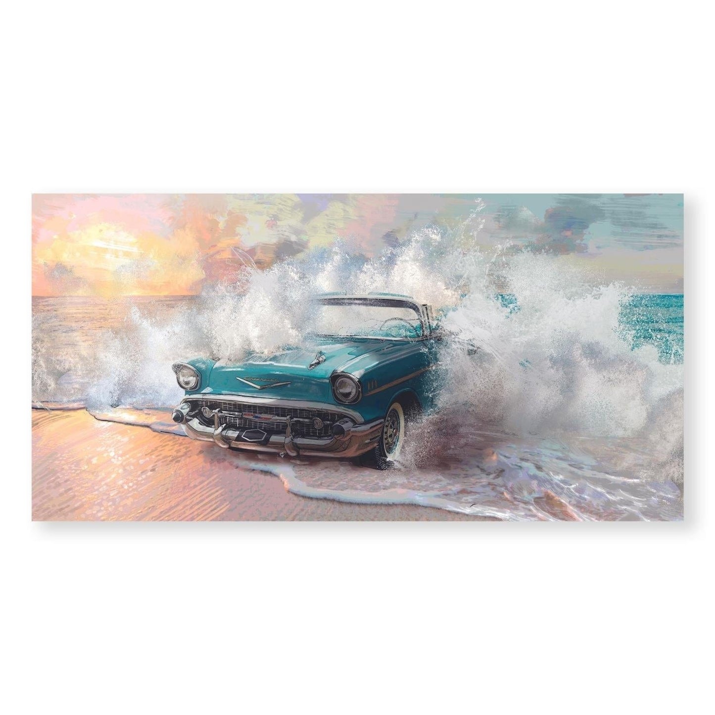 Vintage Convertible Splashing Waves Ocean Sunset Oil Painting