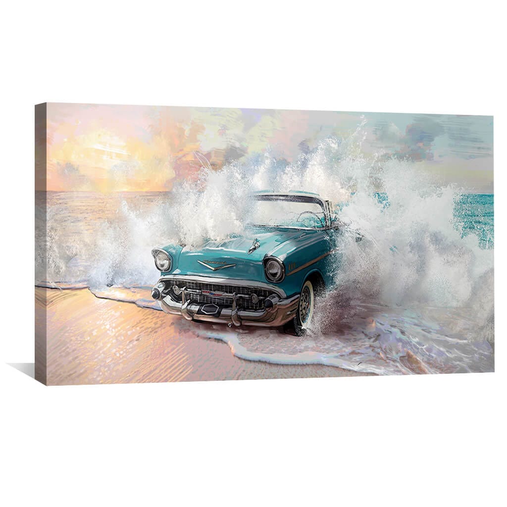 Vintage Convertible Splashing Waves Ocean Sunset Oil Painting