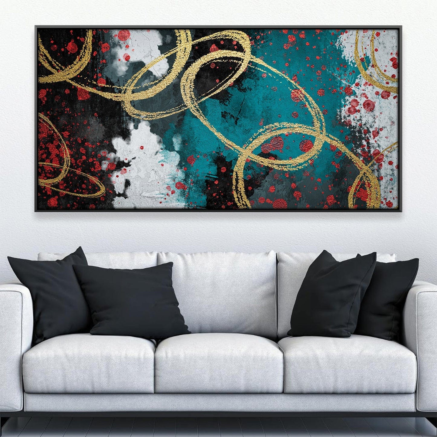 Contemporary Abstract Oil Painting with Gold Rings and Vibrant Colors