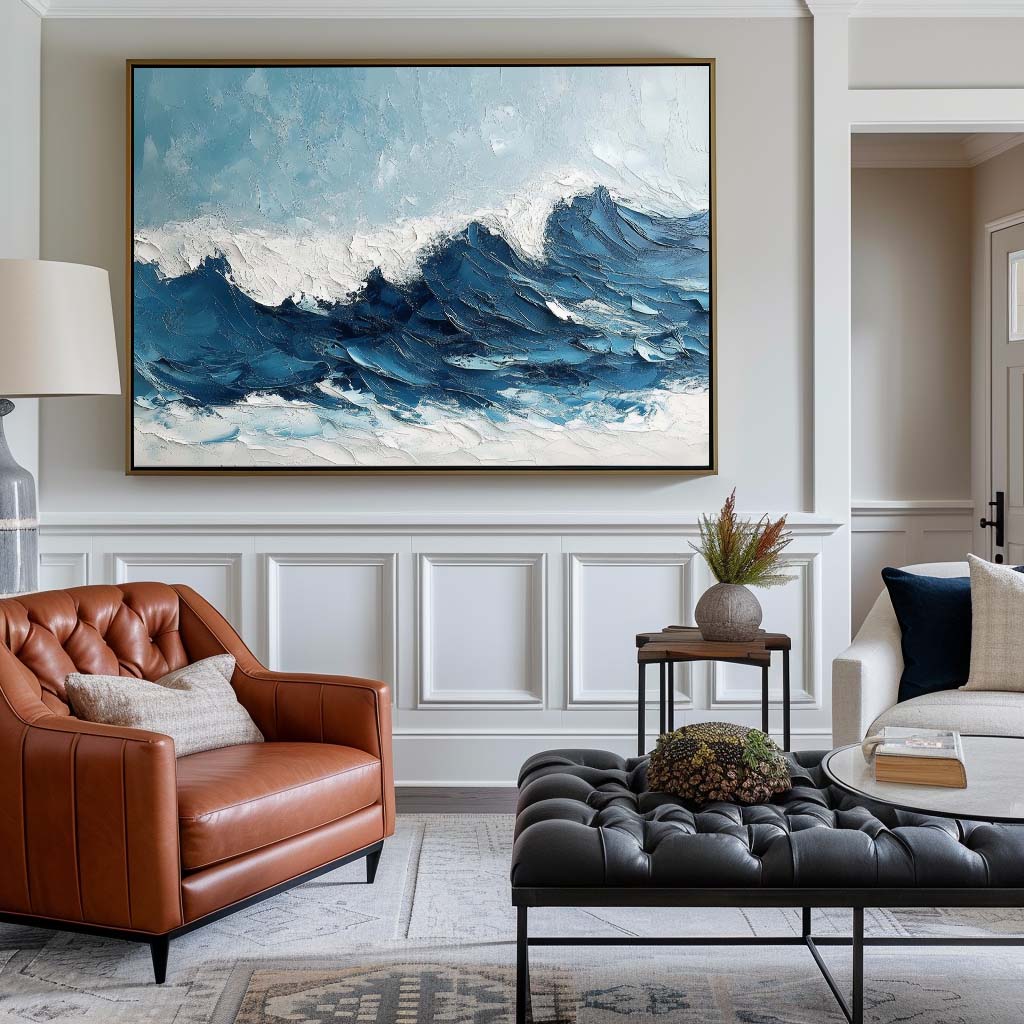 Dynamic Ocean Waves Oil Painting – Serene Beach Scene Wall Art