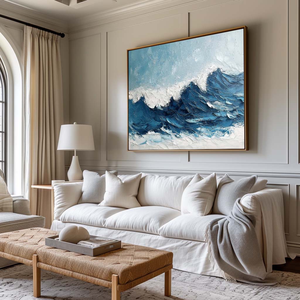 Dynamic Ocean Waves Oil Painting – Serene Beach Scene Wall Art