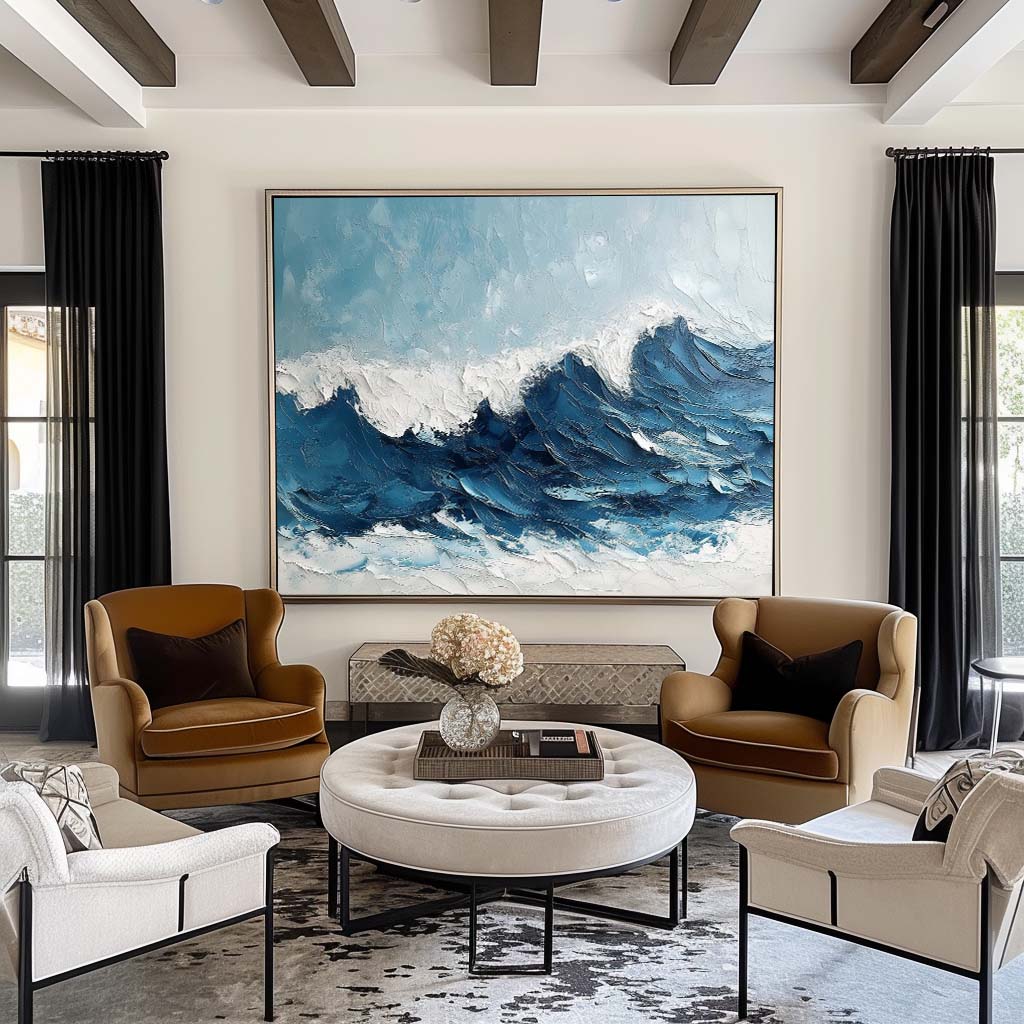 Dynamic Ocean Waves Oil Painting – Serene Beach Scene Wall Art