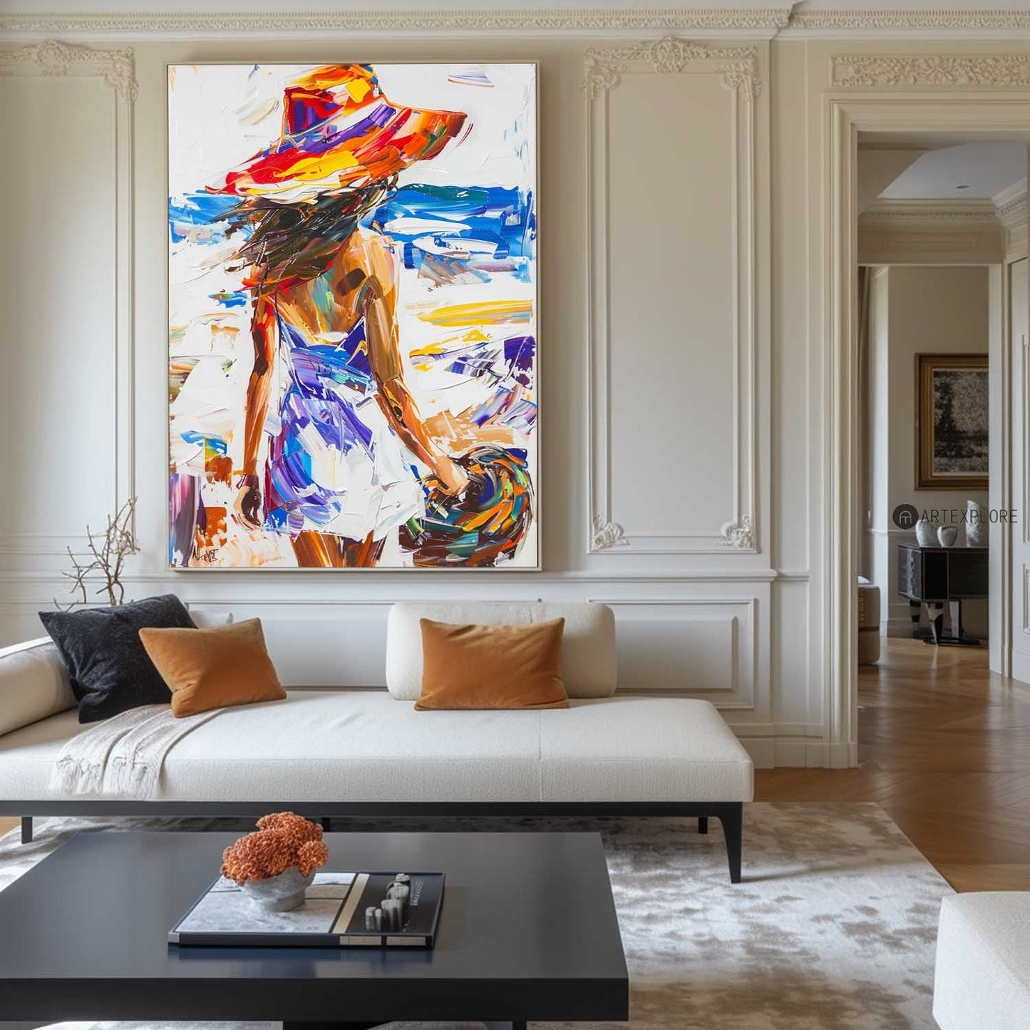 Vibrant Beach Escape: Modern Abstract Oil Painting of a Woman in a Sun Hat