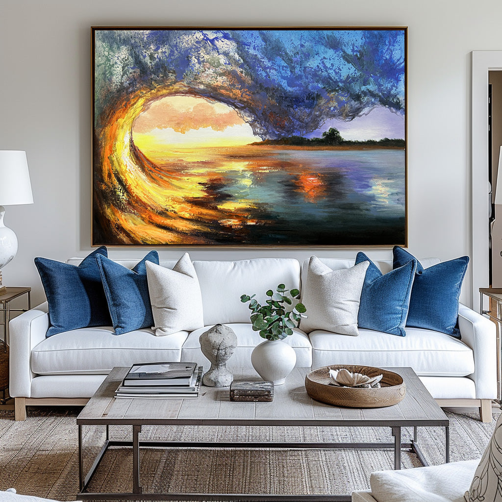Vibrant Sunset Over Ocean Wave Landscape Oil Painting for Home Decor