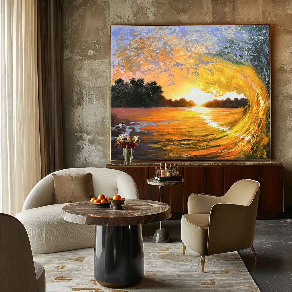 Vibrant Sunset Waves Oil Painting - Beautiful Coastal Wall Art
