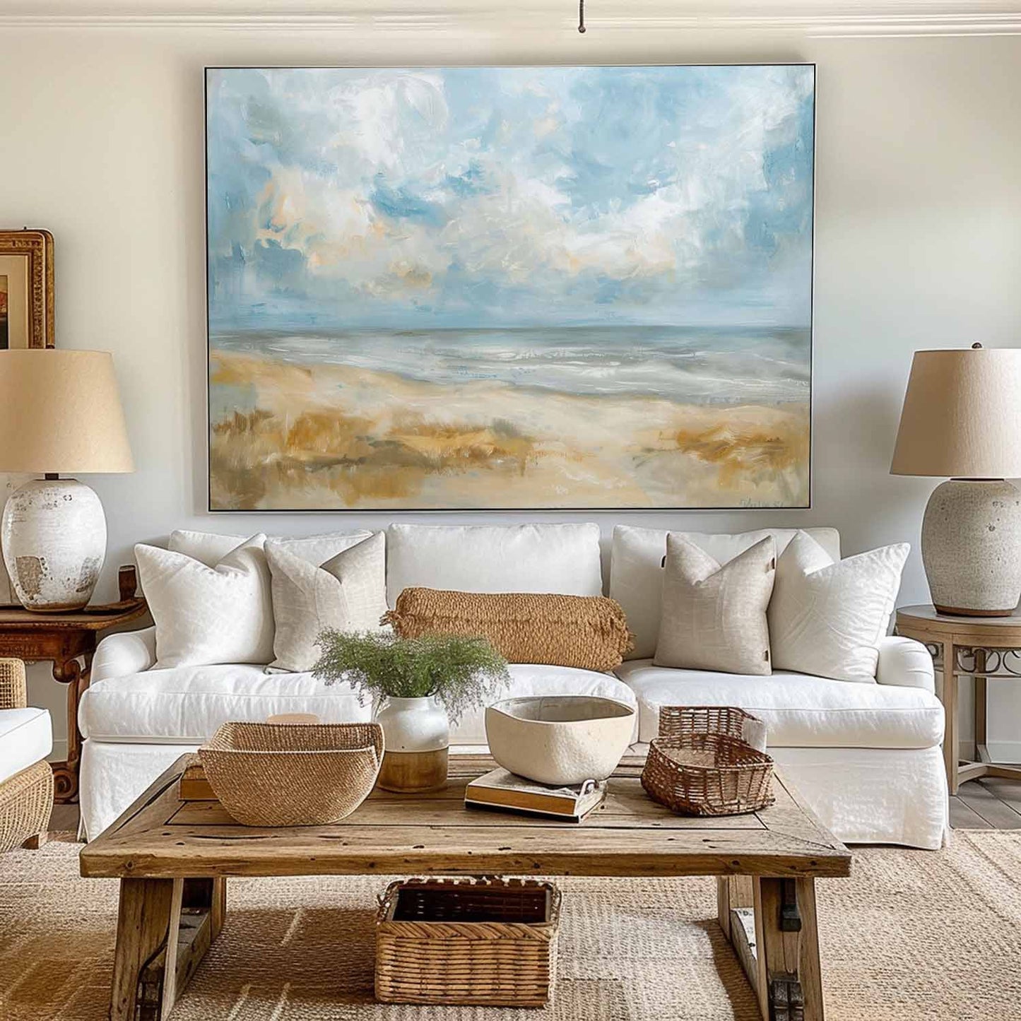 Serene Ocean View: Bright Beach Landscape Oil Painting for Coastal Vibe Decor