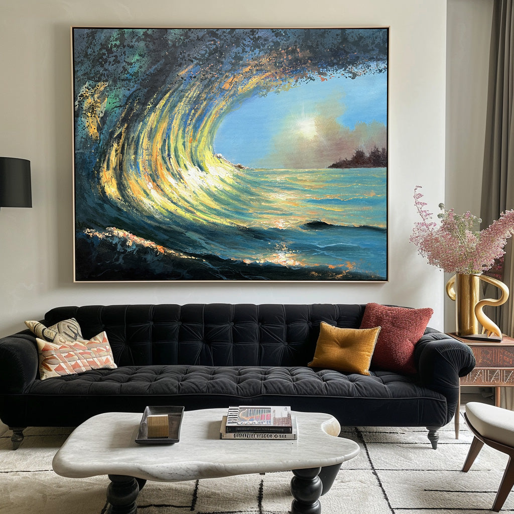 Vibrant Sunrise Wave Oil Painting for Coastal Art Lovers