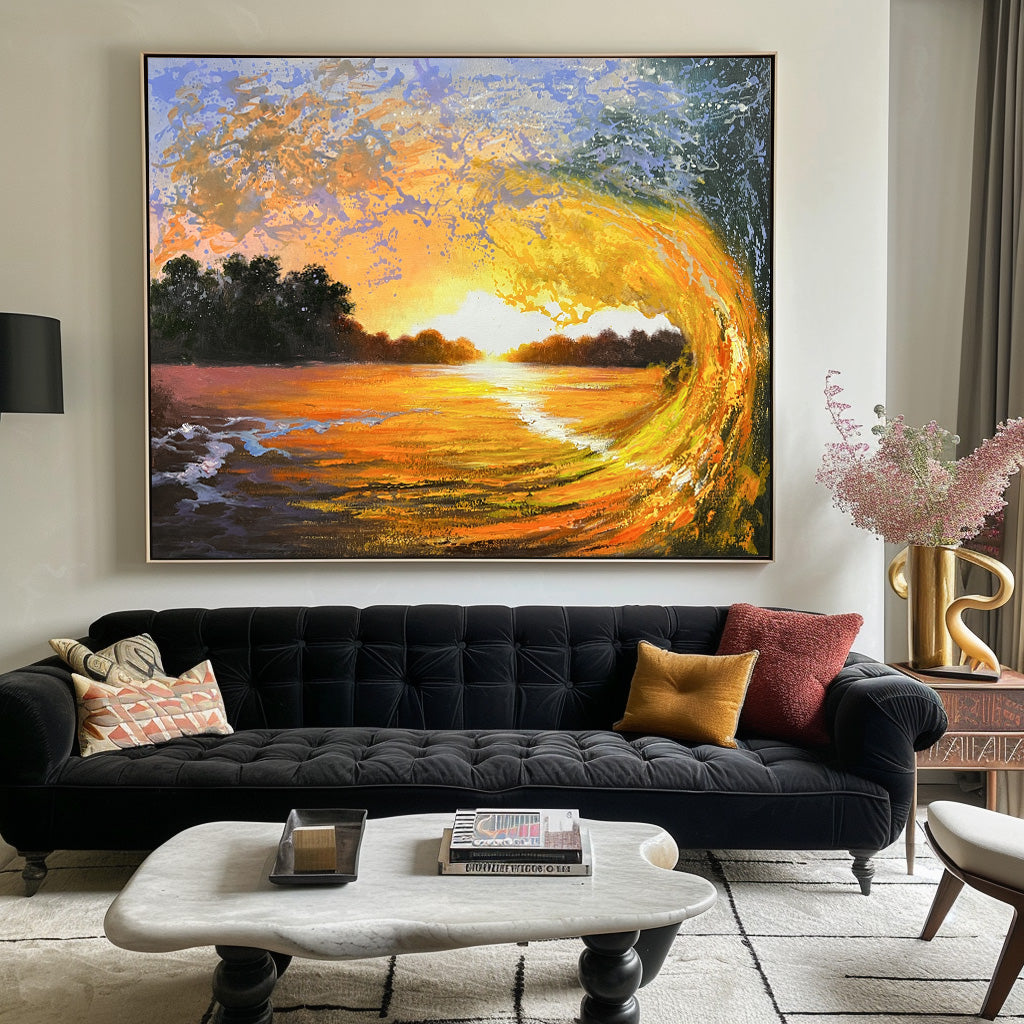 Vibrant Sunset Waves Oil Painting - Beautiful Coastal Wall Art