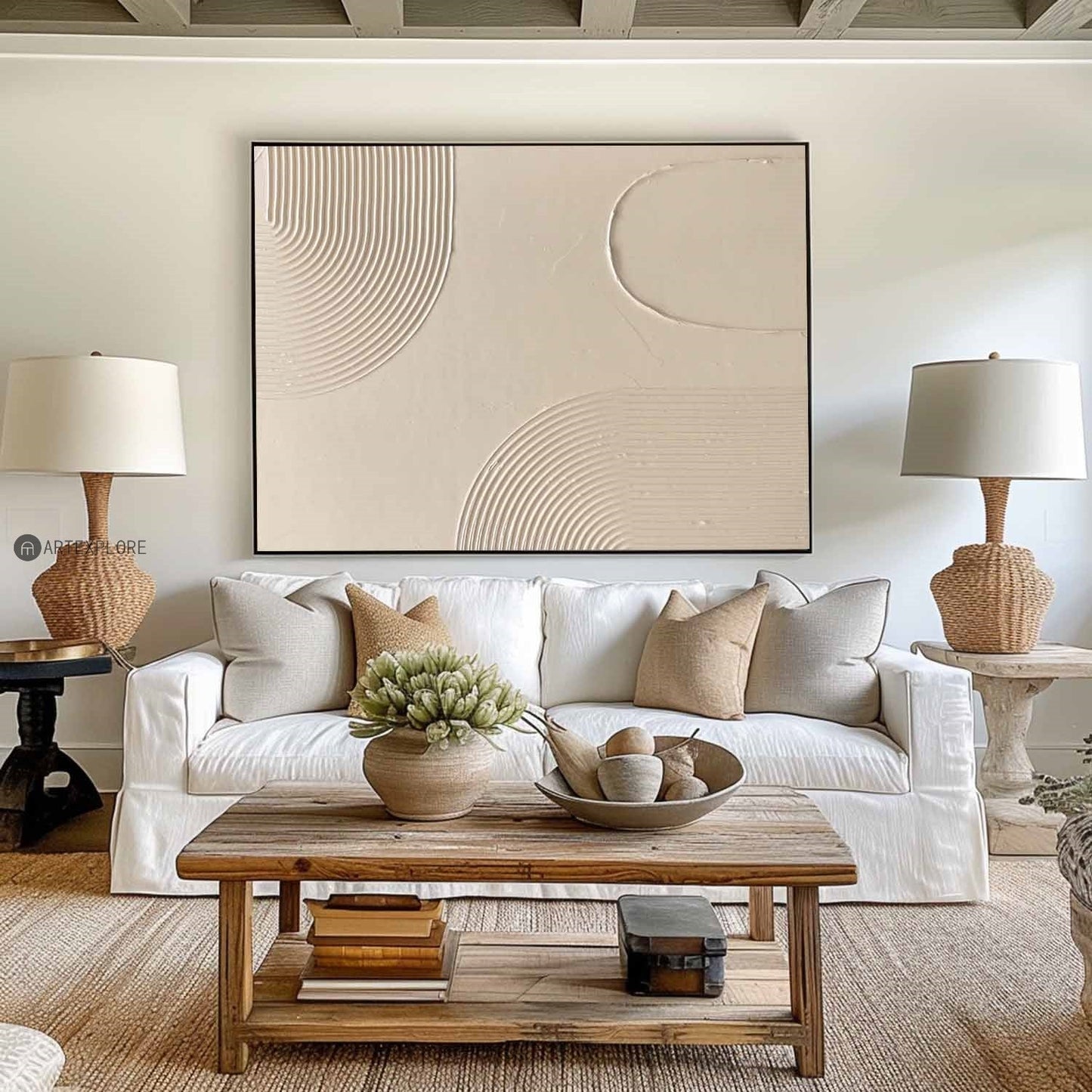 Elegant Beige Minimalist Abstract Oil Painting for Modern Home Decor