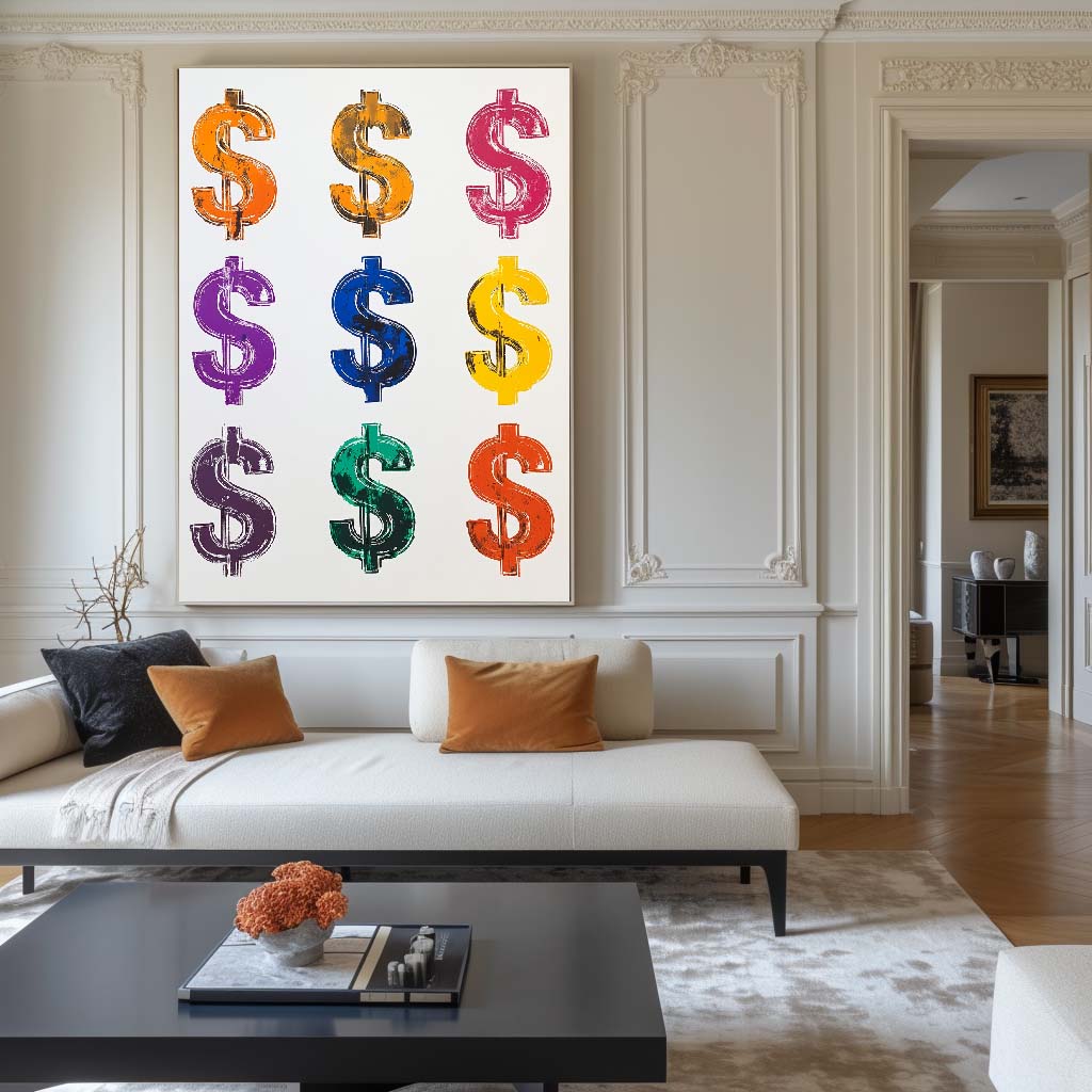 Colorful Dollar Sign Abstract Oil Painting for Modern Home Decor