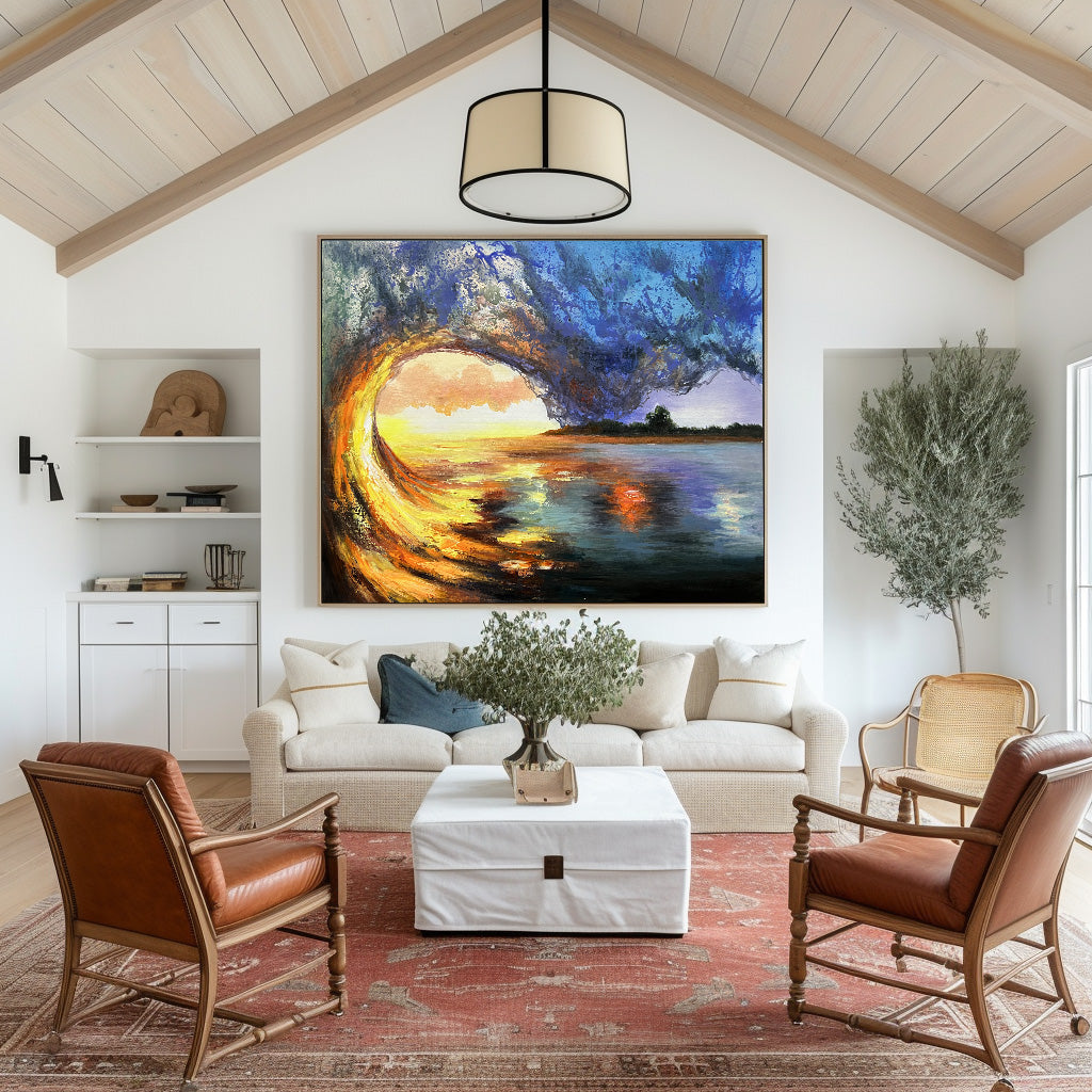 Vibrant Sunset Over Ocean Wave Landscape Oil Painting for Home Decor
