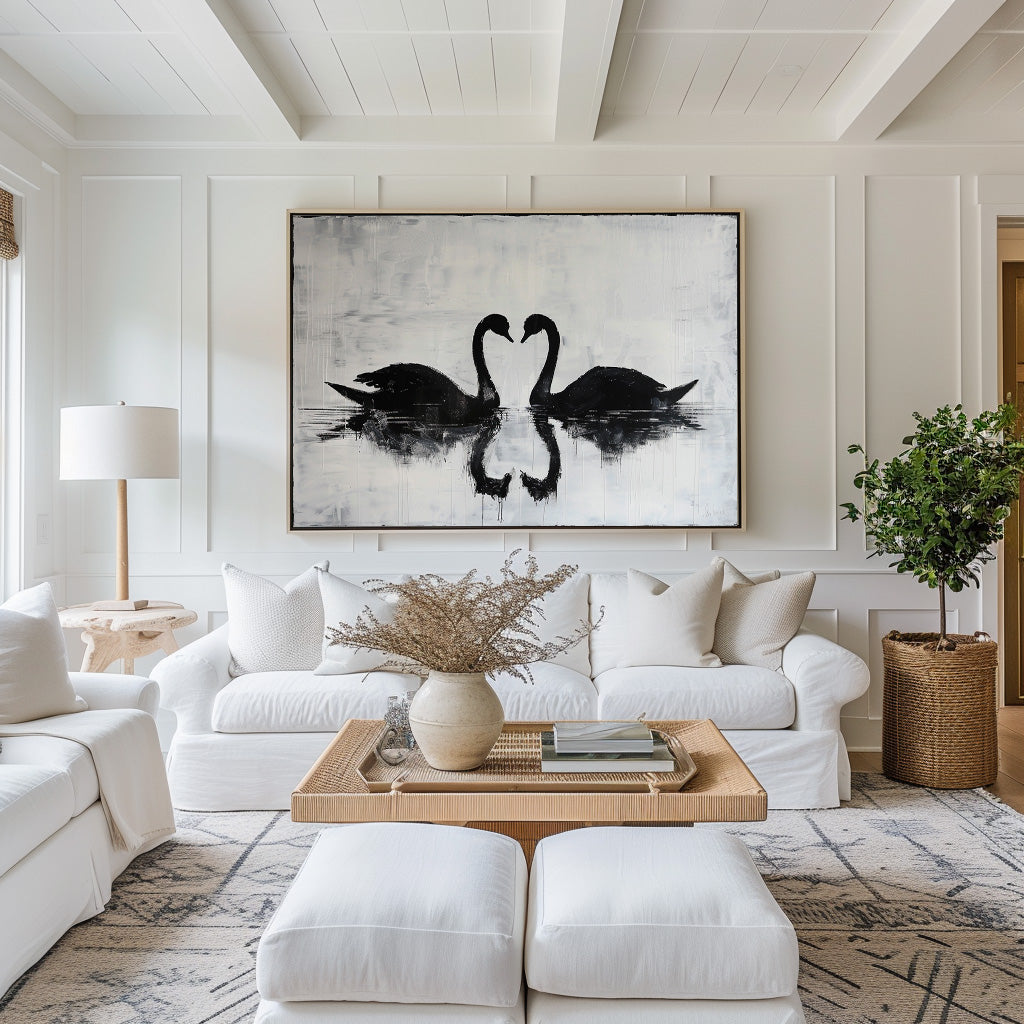 Elegant Black Swans Reflecting on Serene Water - Modern Abstract Oil Painting