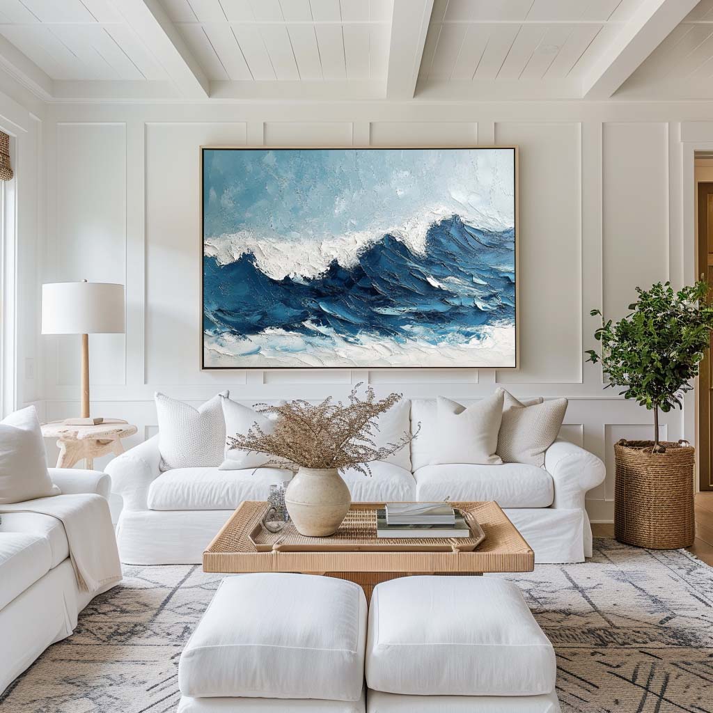 Dynamic Ocean Waves Oil Painting – Serene Beach Scene Wall Art