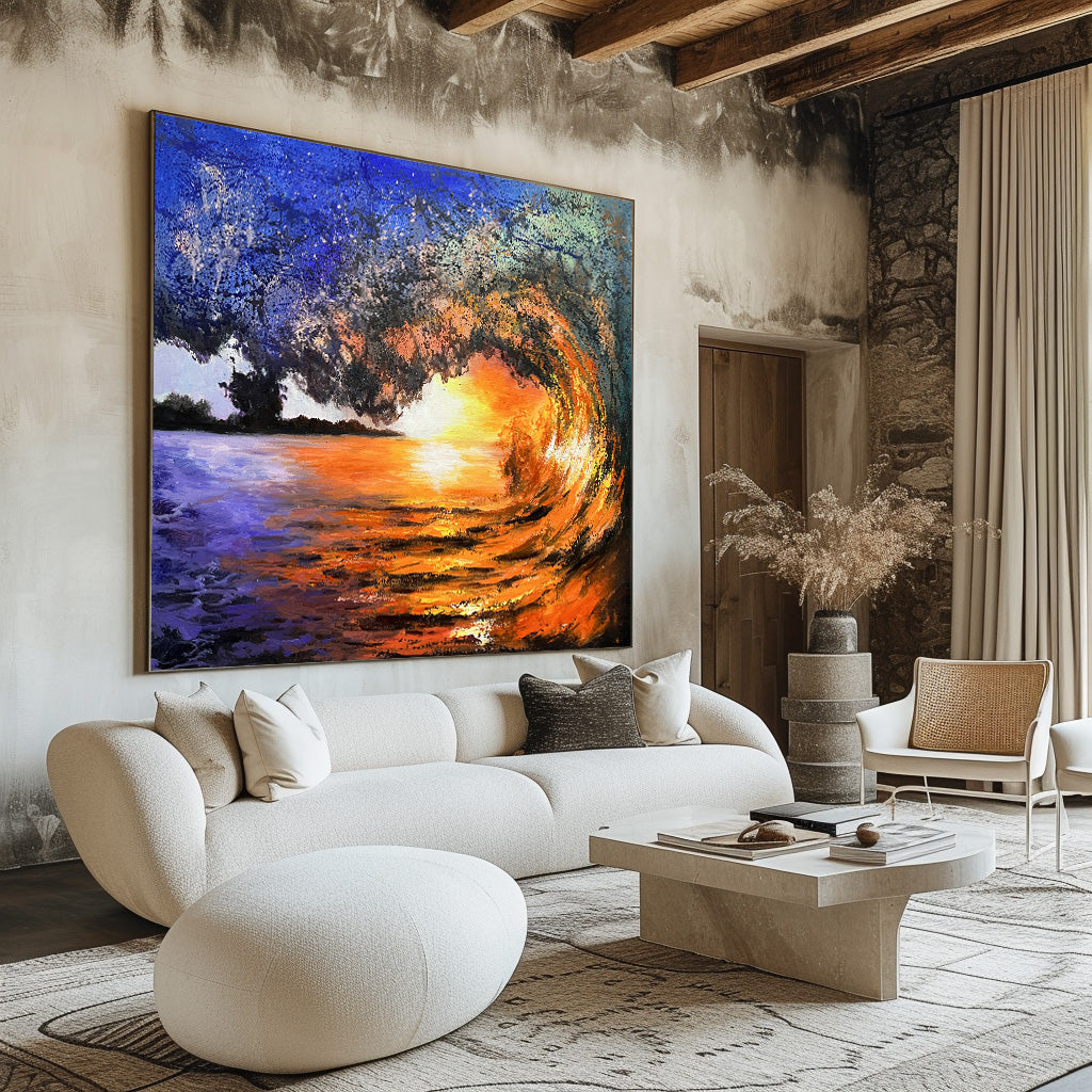 Vibrant Sunset Wave Landscape Oil Painting for Home Decor and Beach Lovers