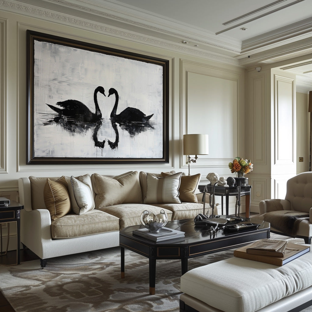 Elegant Black Swans Reflecting on Serene Water - Modern Abstract Oil Painting