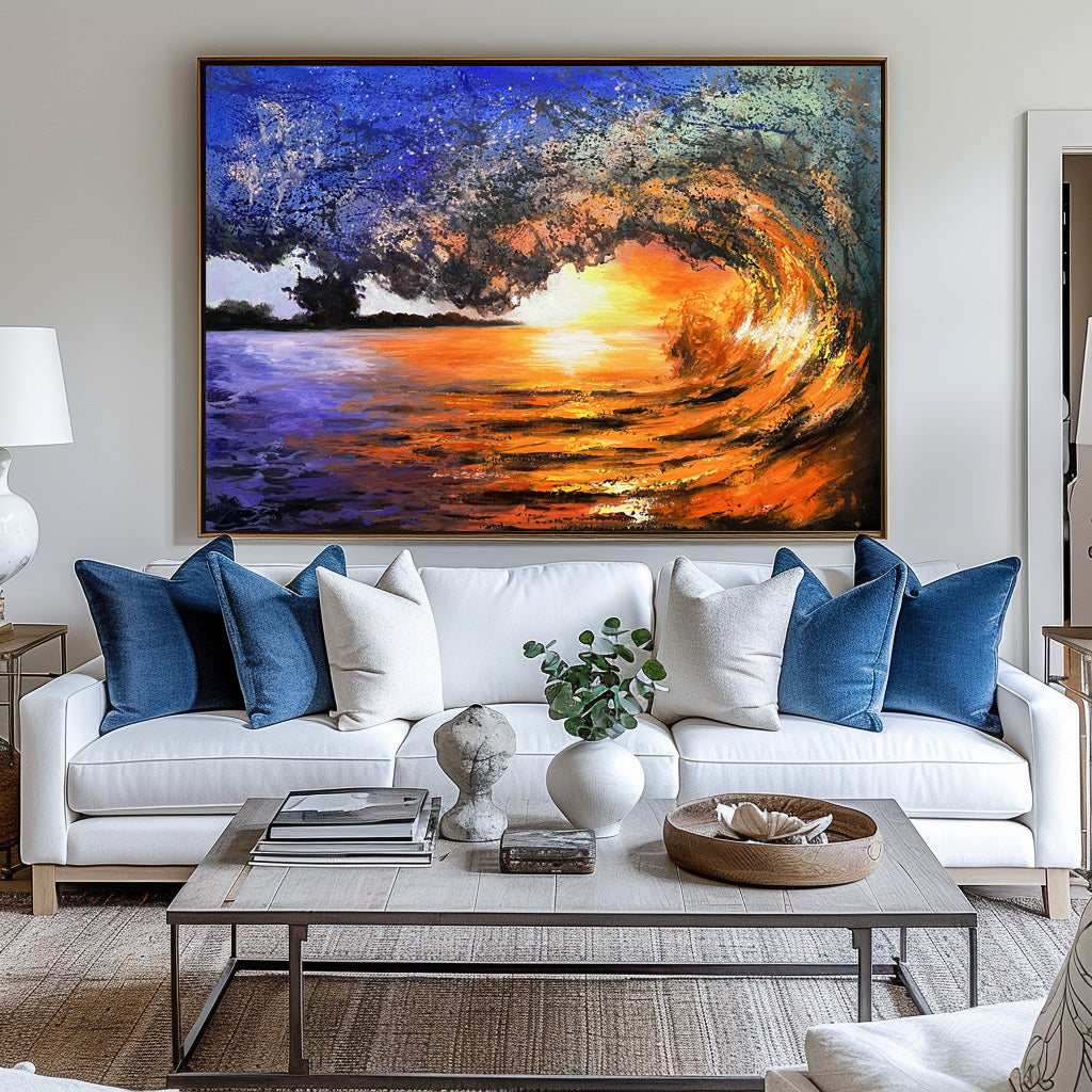 Vibrant Sunset Wave Landscape Oil Painting for Home Decor and Beach Lovers