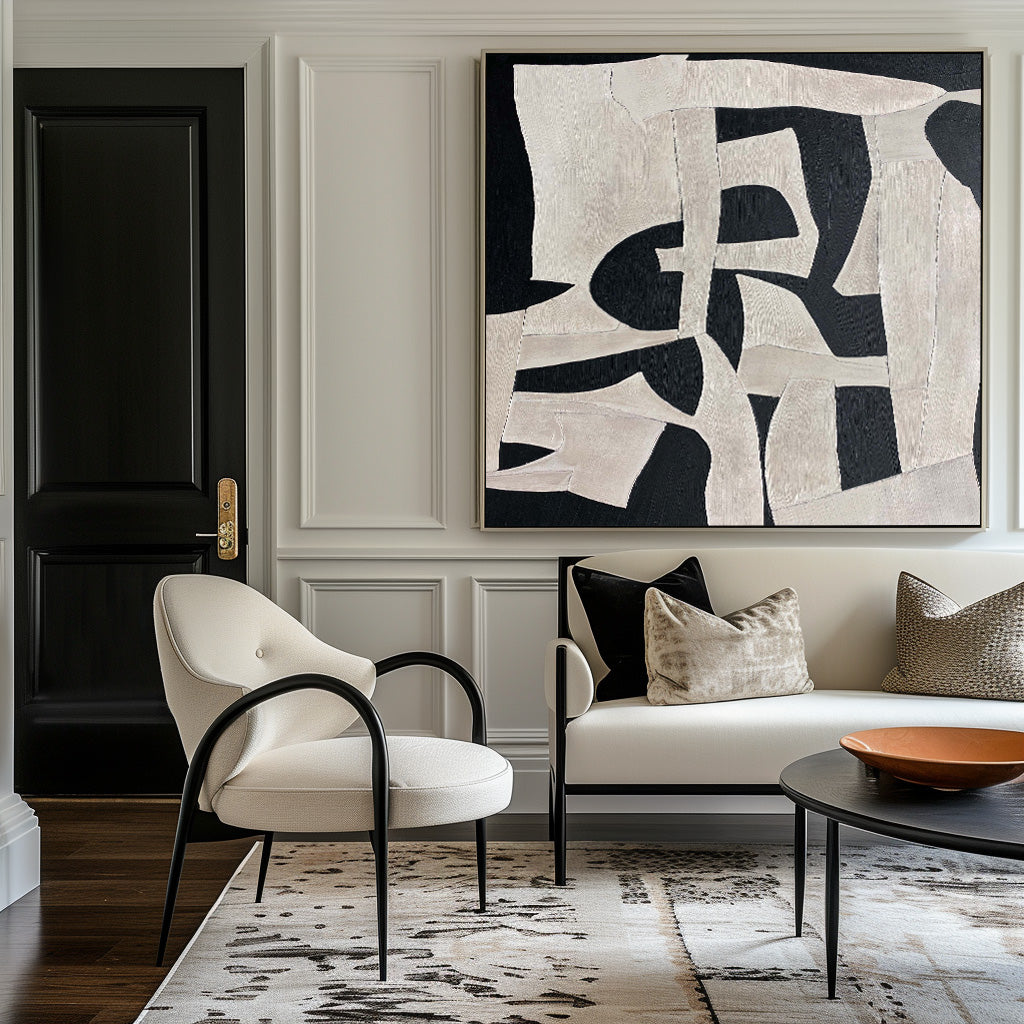 Chic Modern Abstract Oil Painting in Black and White for Stylish Home Décor