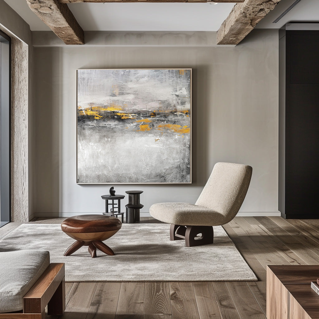 Bold Abstract Landscape Oil Painting with Textured Grays and Vibrant Gold Accents