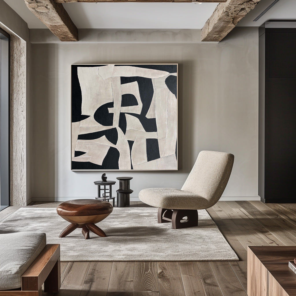 Chic Modern Abstract Oil Painting in Black and White for Stylish Home Décor