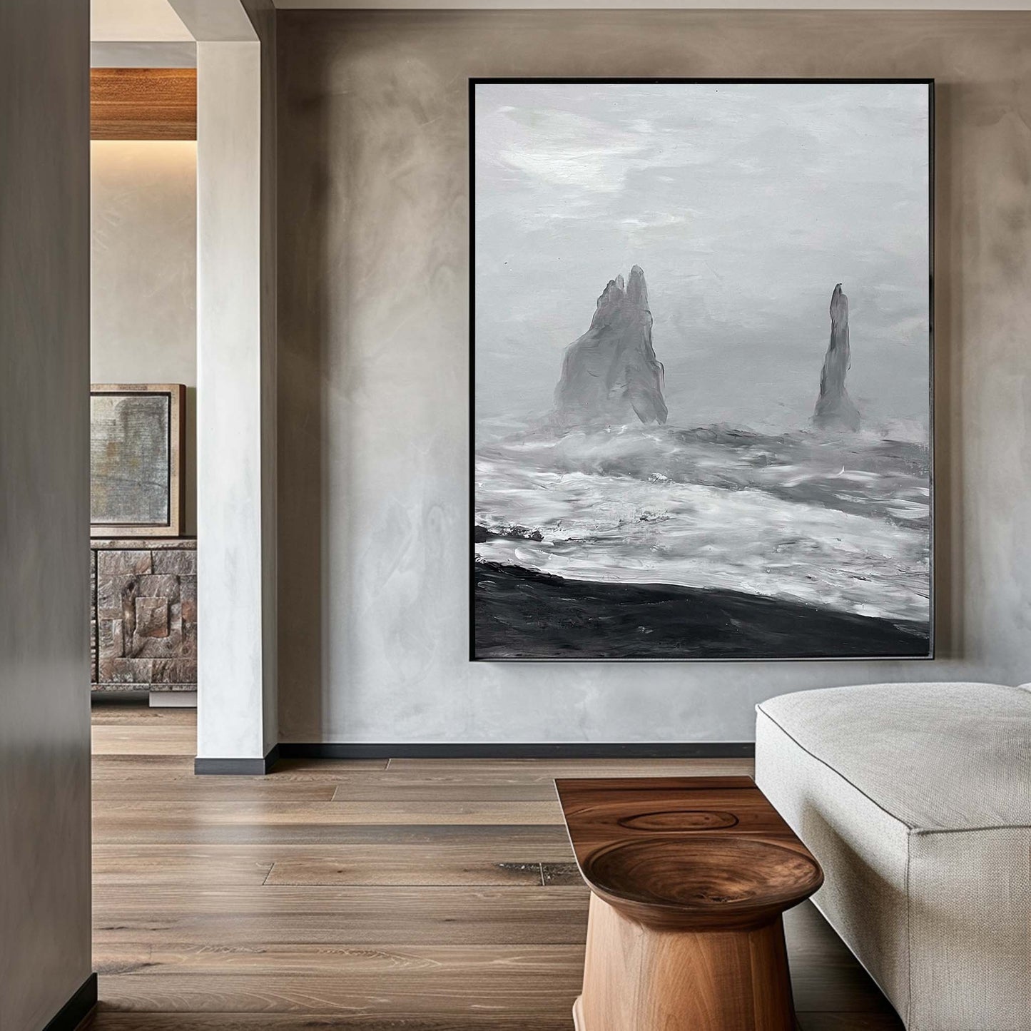 Monochromatic Coastal Landscape Oil Painting with Dramatic Waves and Rocks