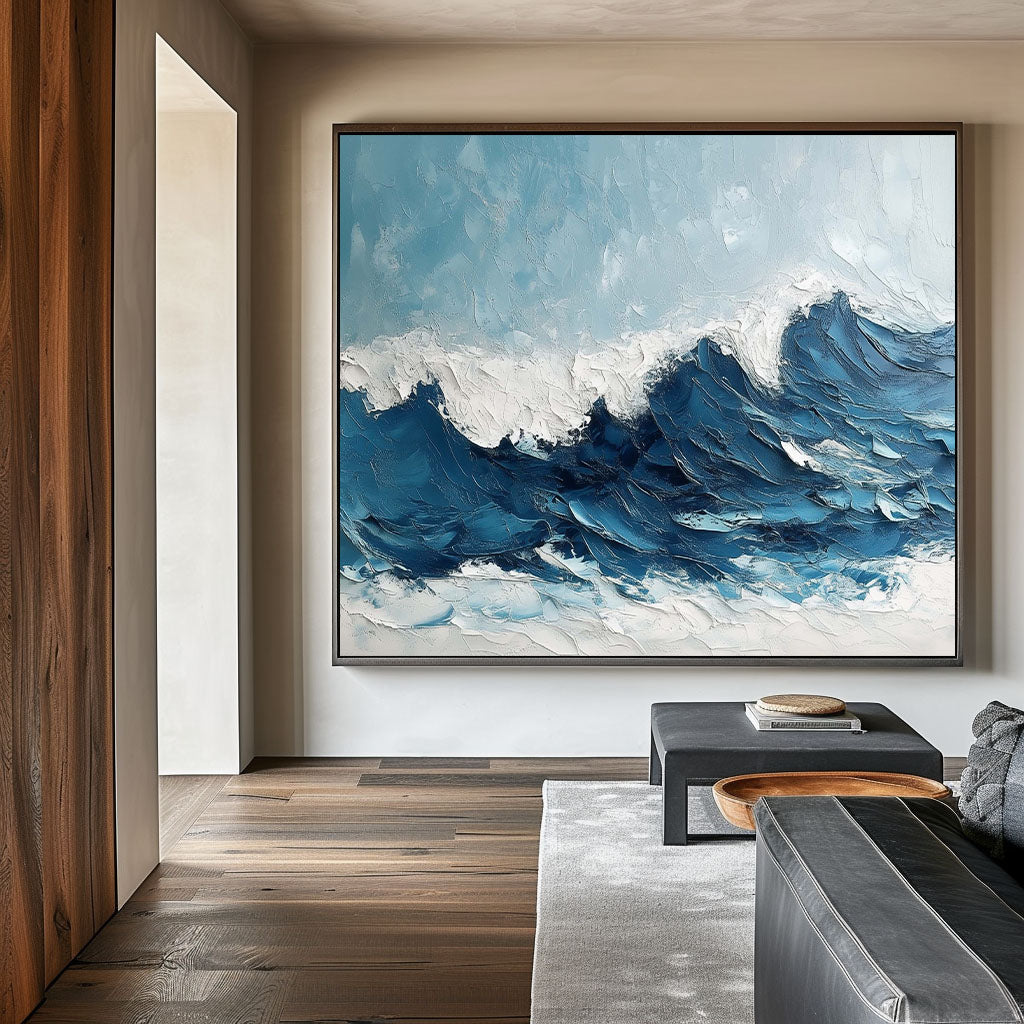 Dynamic Ocean Waves Oil Painting – Serene Beach Scene Wall Art
