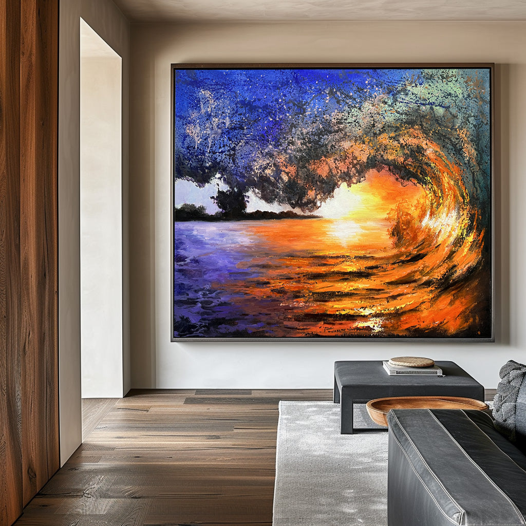 Vibrant Sunset Wave Landscape Oil Painting for Home Decor and Beach Lovers