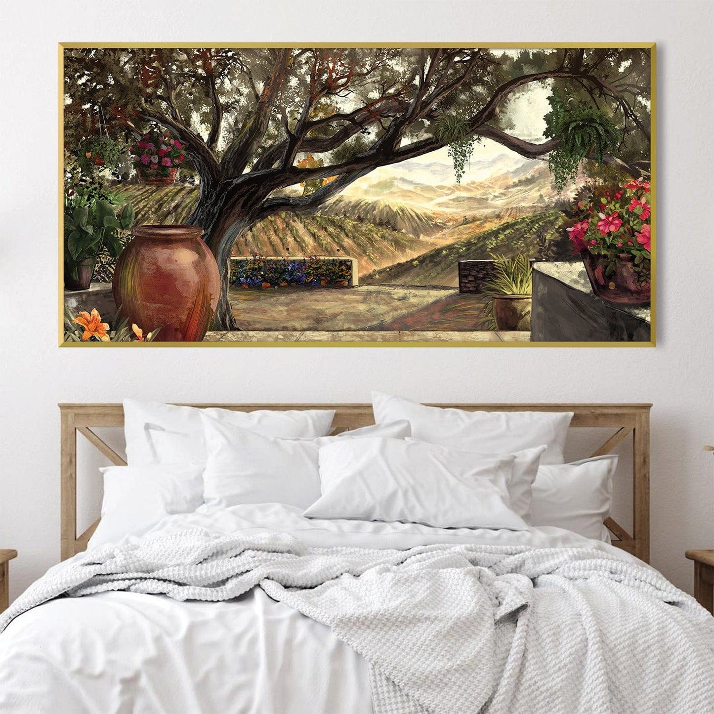 Serene Landscape Oil Painting with Tranquil Tree and Vibrant Floral Accents