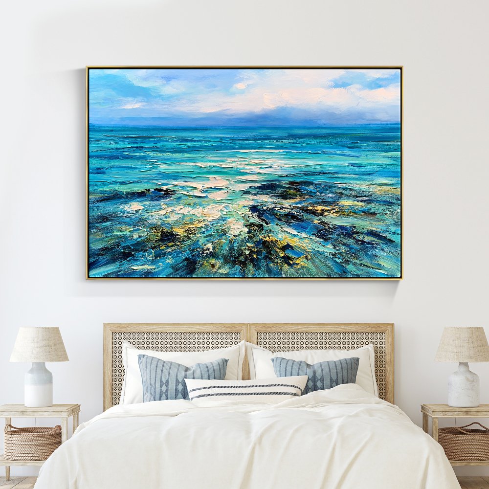 Serene Ocean View: Vibrant Oil Painting of Rugged Reefs and Turquoise Waters