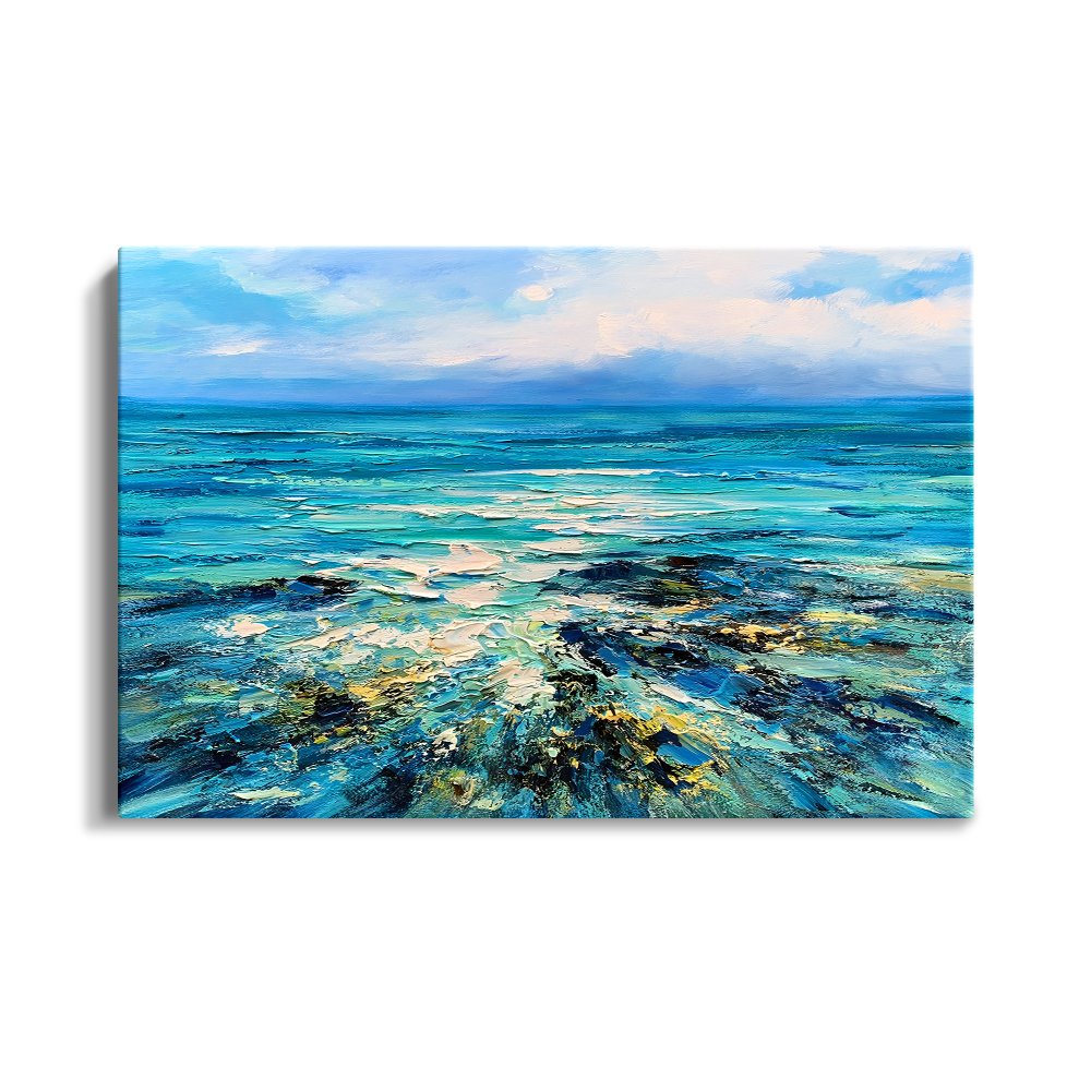 Serene Ocean View: Vibrant Oil Painting of Rugged Reefs and Turquoise Waters