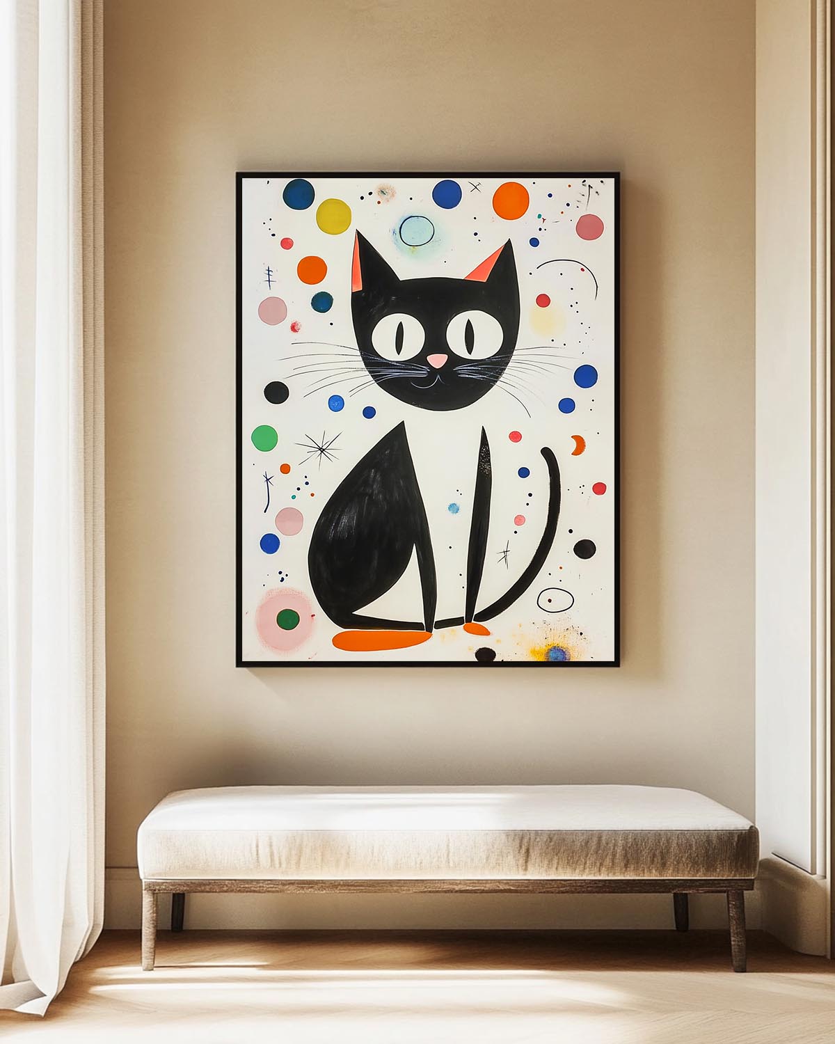 Charming Black Cat Oil Painting with Colorful Abstract Background