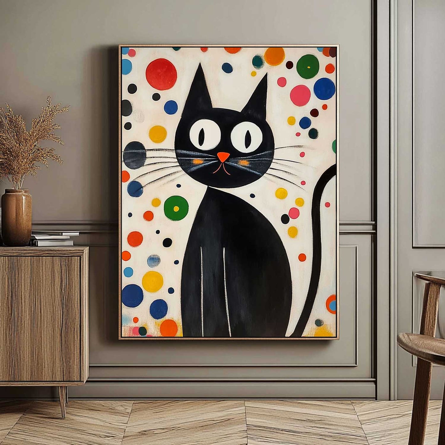 Whimsical Black Cat Oil Painting with Colorful Abstract Background