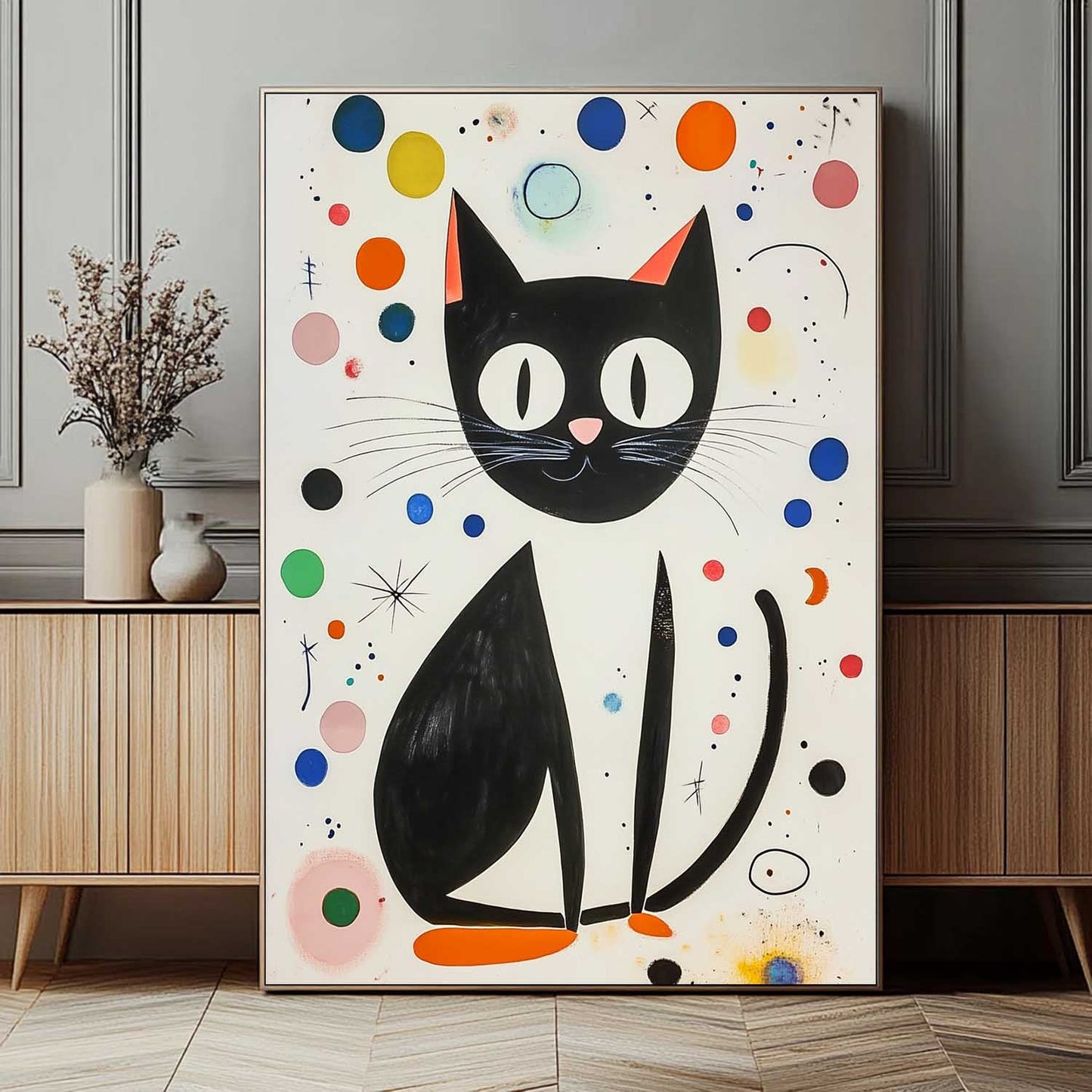 Charming Black Cat Oil Painting with Colorful Abstract Background