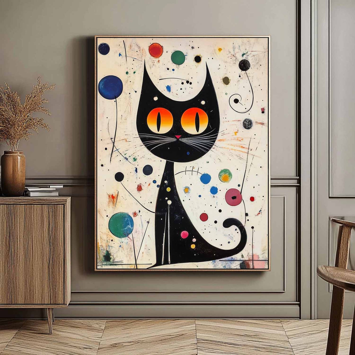 Whimsical Black Cat Oil Painting with Vibrant Colors and Abstract Elements