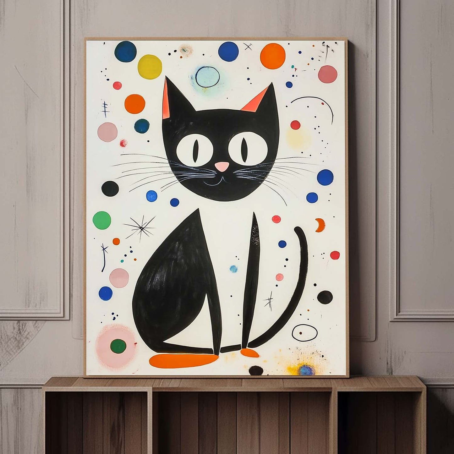 Charming Black Cat Oil Painting with Colorful Abstract Background